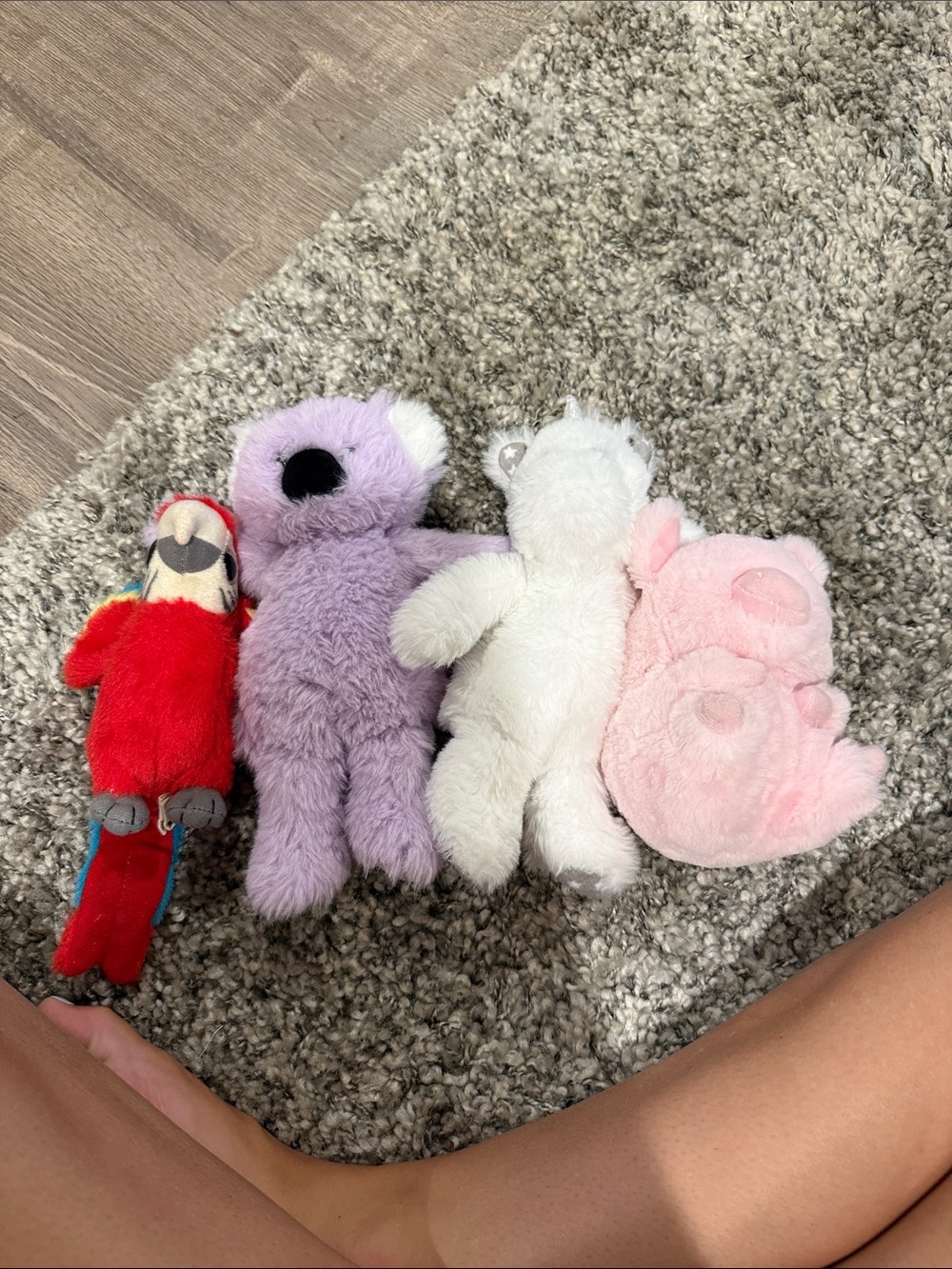 Set of 4 Small Plush Toys - Parrot, Purple Koala, White Bear, Pink Pig